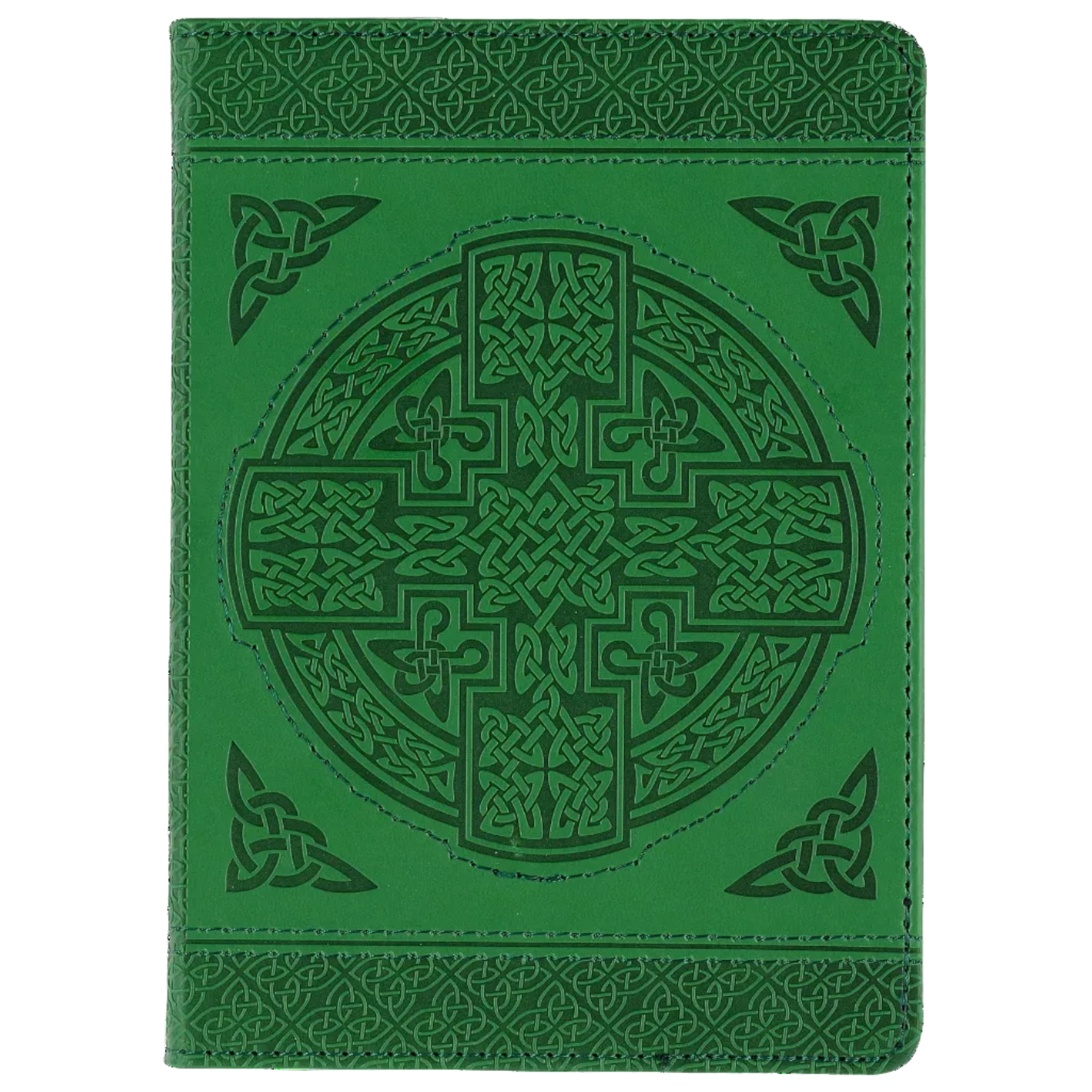 Green leather notebook with Celtic cross design on a green background