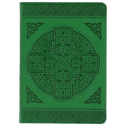 Green leather notebook with Celtic cross design on a green background