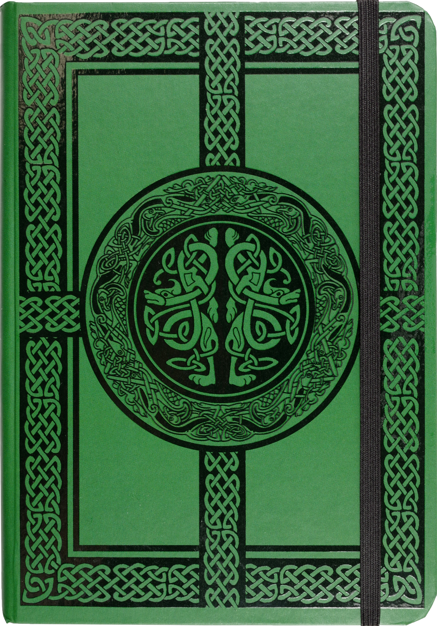 Green notebook with Celtic knot design on the cover
