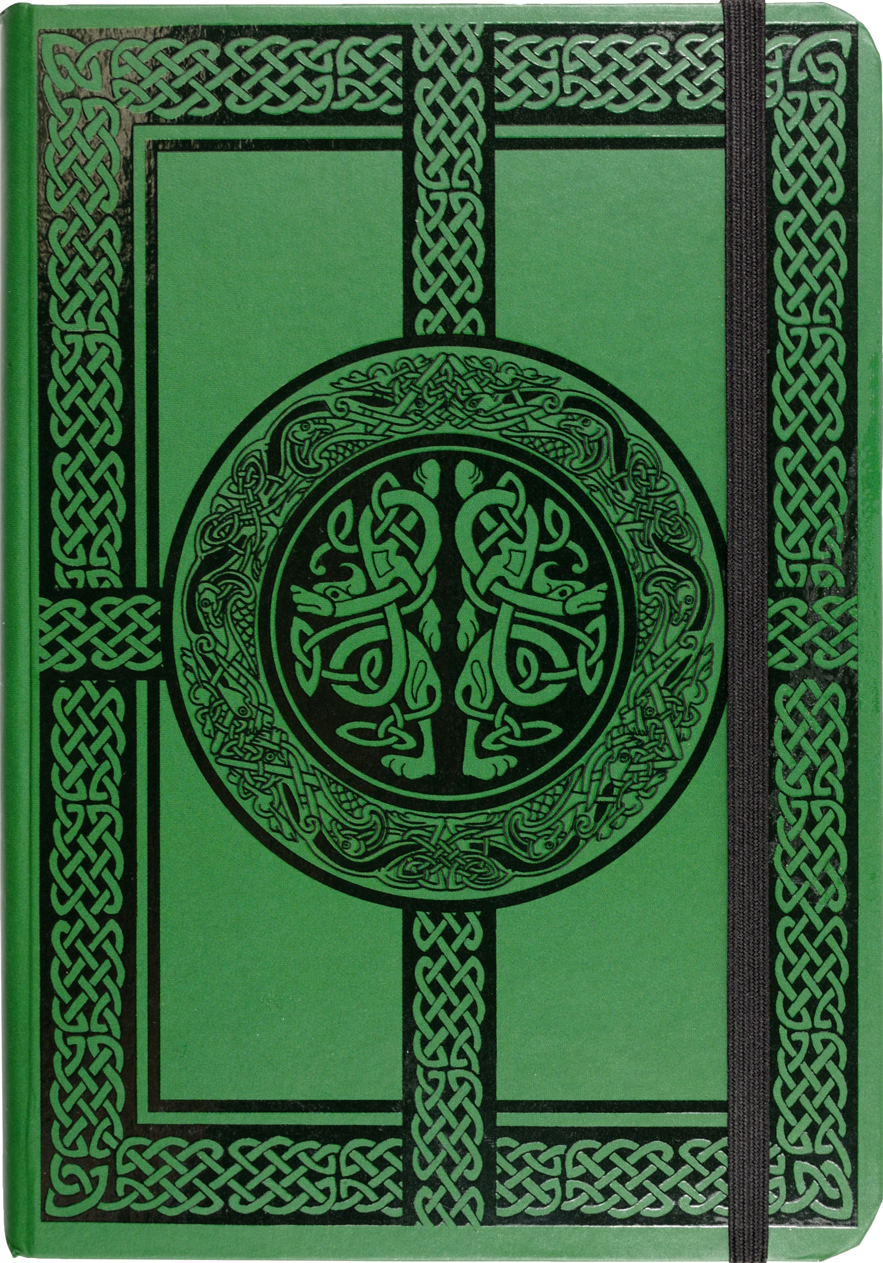 Green notebook with Celtic knot design on the cover