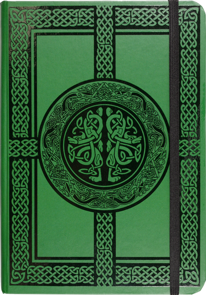 Green notebook with Celtic knot design on the cover
