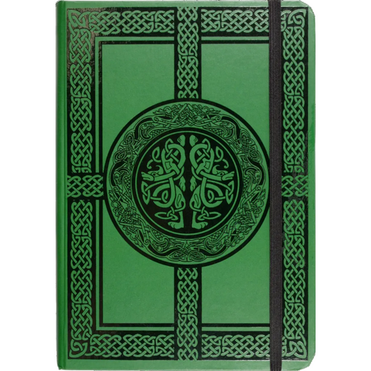 Green notebook with Celtic knot design on the cover