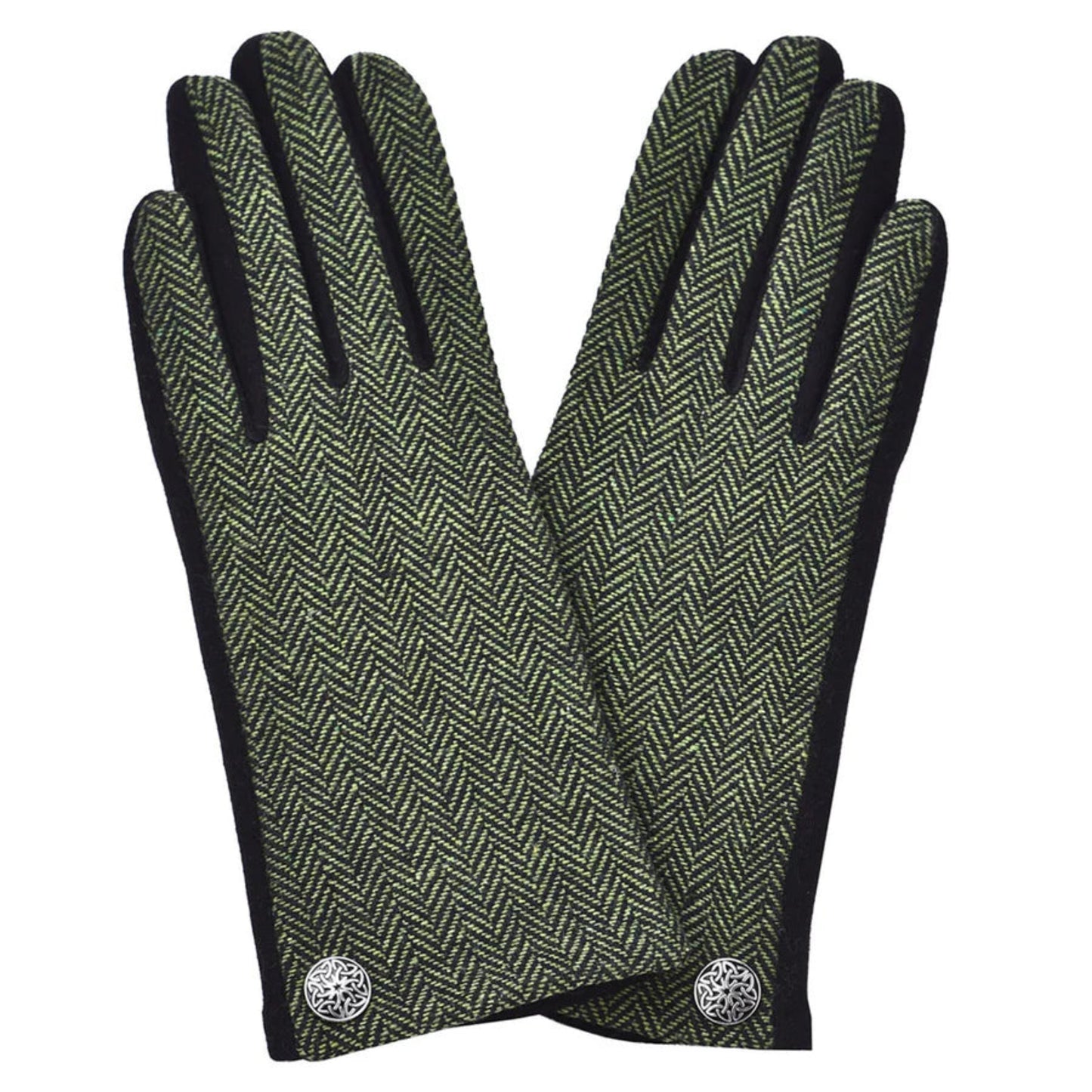 Pair of green herringbone patterned gloves with black cuffs on a white background