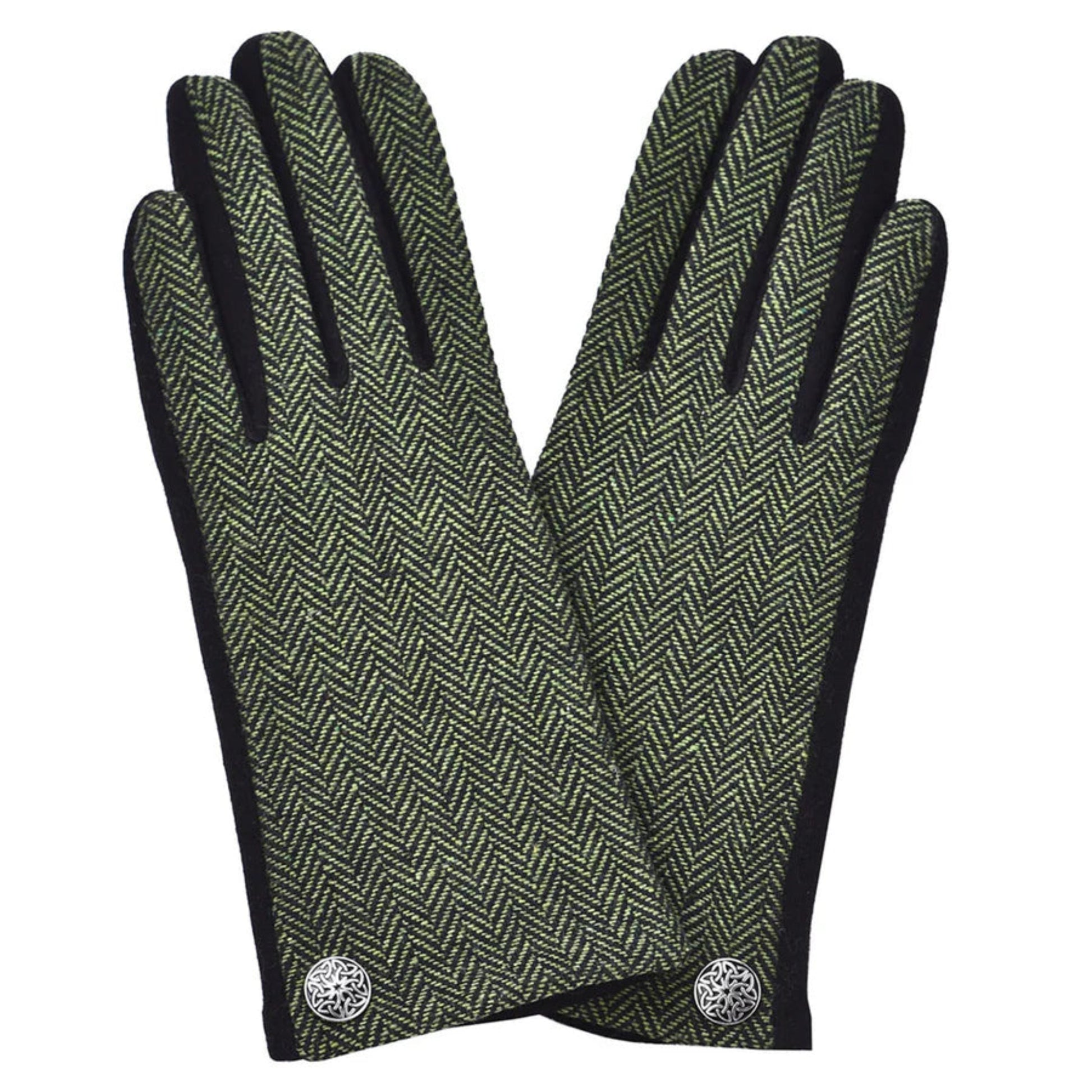 Pair of green herringbone patterned gloves with black cuffs on a white background