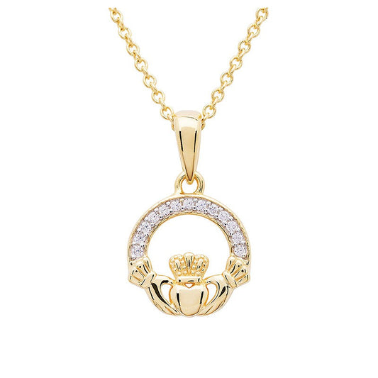 14KT Gold Vermeil Claddagh Necklace Studded with White Cubic Zirconia