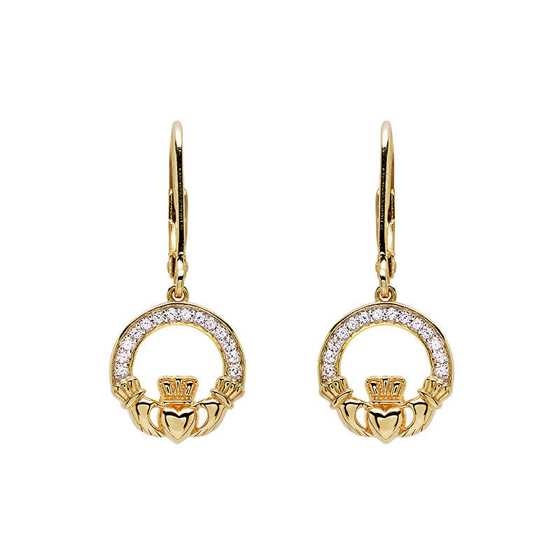 14KT Gold Vermeil Cz Claddagh Drop Earrings