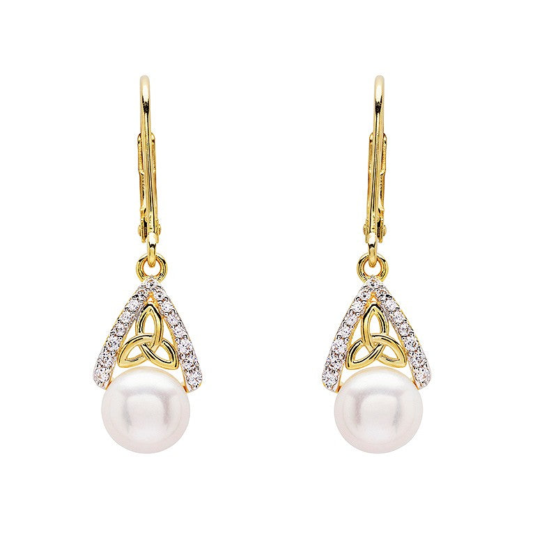 14KT Gold Vermeil Drop Pearl Celtic Trinity Knot Earrings
