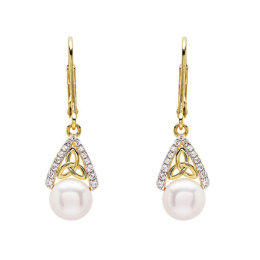 14KT Gold Vermeil Drop Pearl Celtic Trinity Knot Earrings