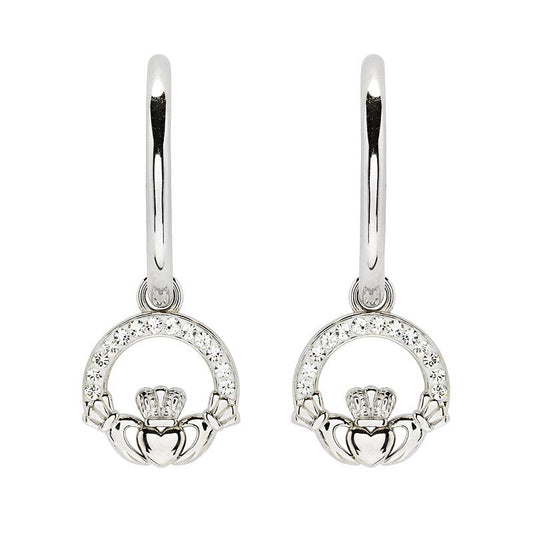 A pair of sterling silver hoop earrings with crystal accents and a claddagh design.
