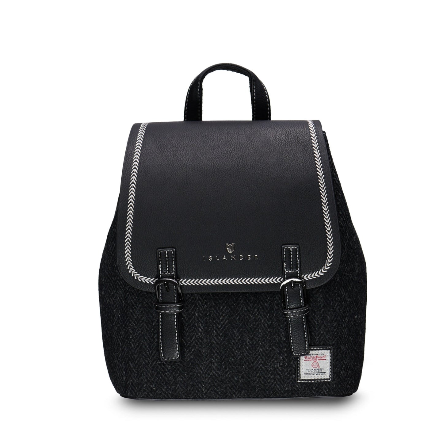 A black tweed backpack with a smooth leather top, featuring a dual-buckle design and a magnetic clasp.