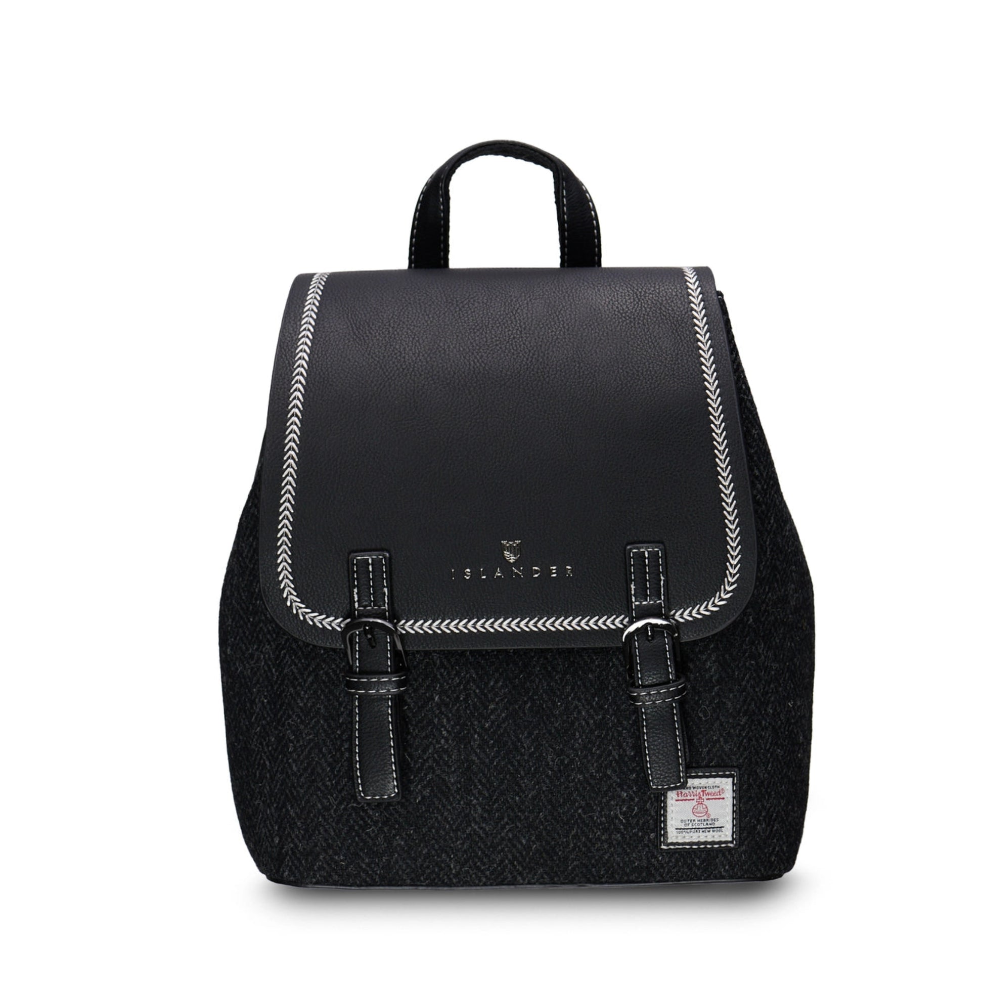 A black tweed backpack with a smooth leather top, featuring a dual-buckle design and a magnetic clasp.