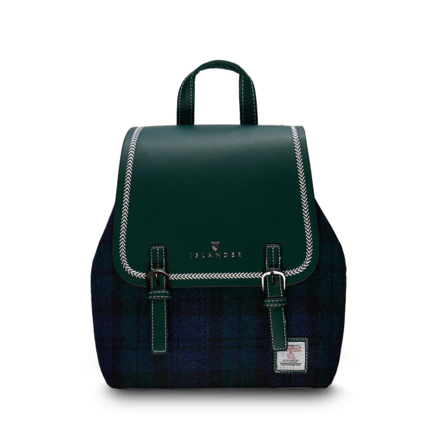 Green plaid backpack with a visible brand logo on a white background