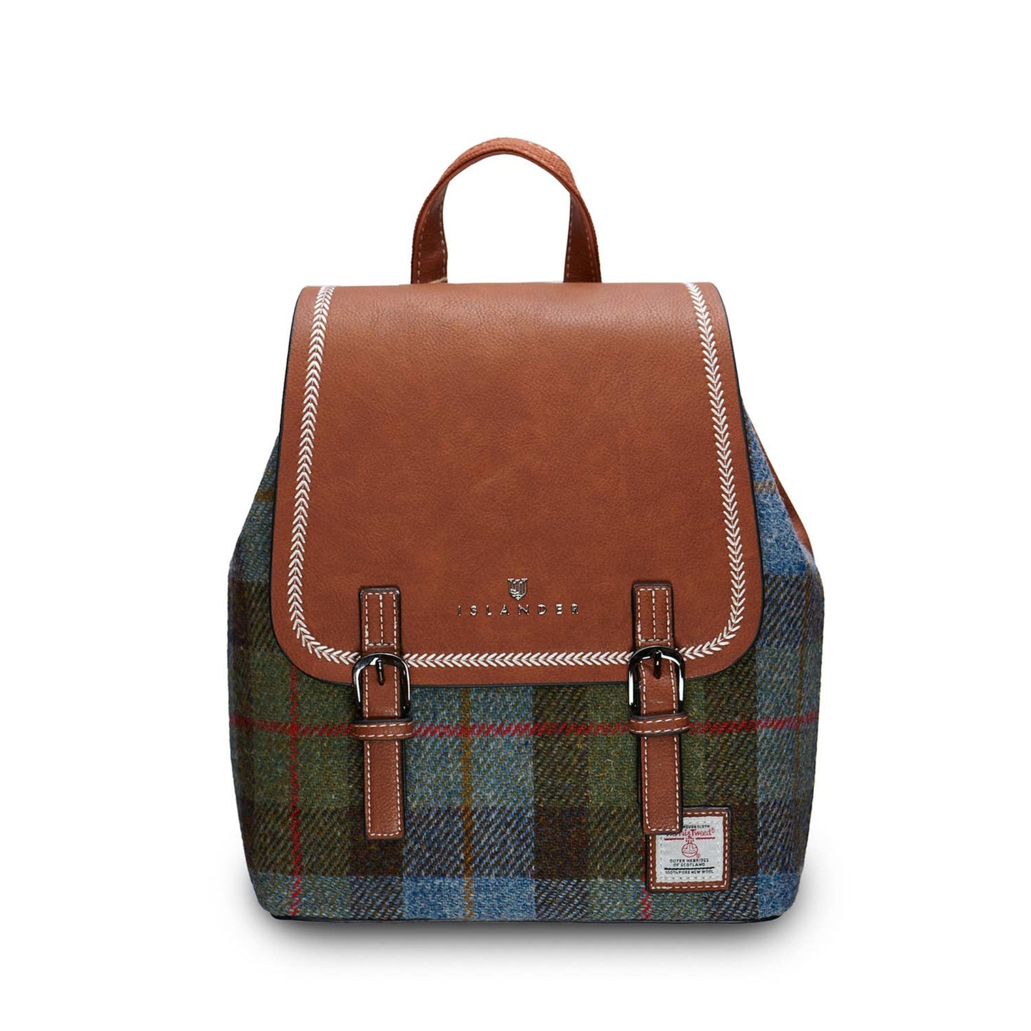 A blue and green multicolored tweed backpack with a smooth leather top, featuring a dual-buckle design and a magnetic clasp.