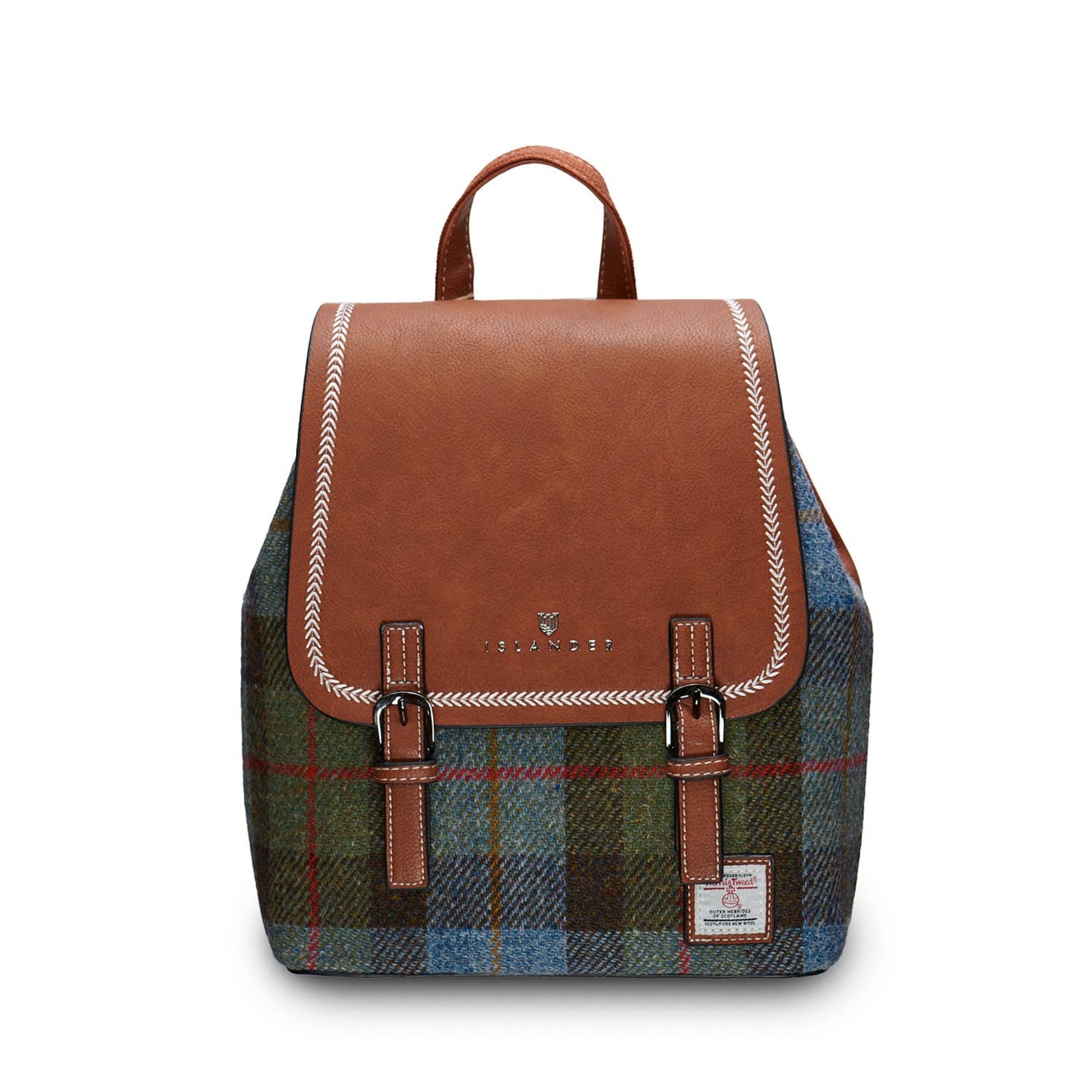 A blue and green multicolored tweed backpack with a smooth leather top, featuring a dual-buckle design and a magnetic clasp.