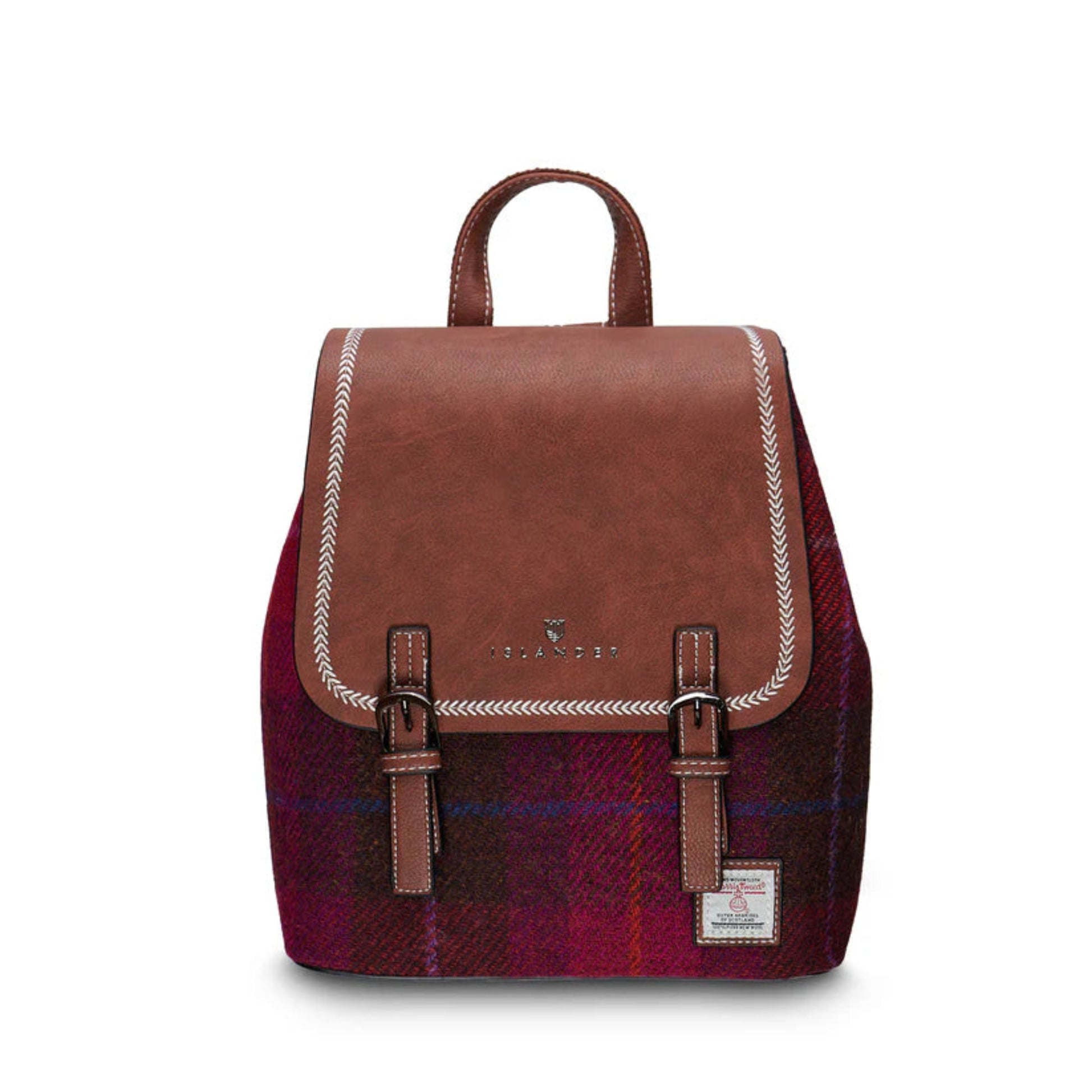 Fuschia and red plaid backpack with leather accents on a white background