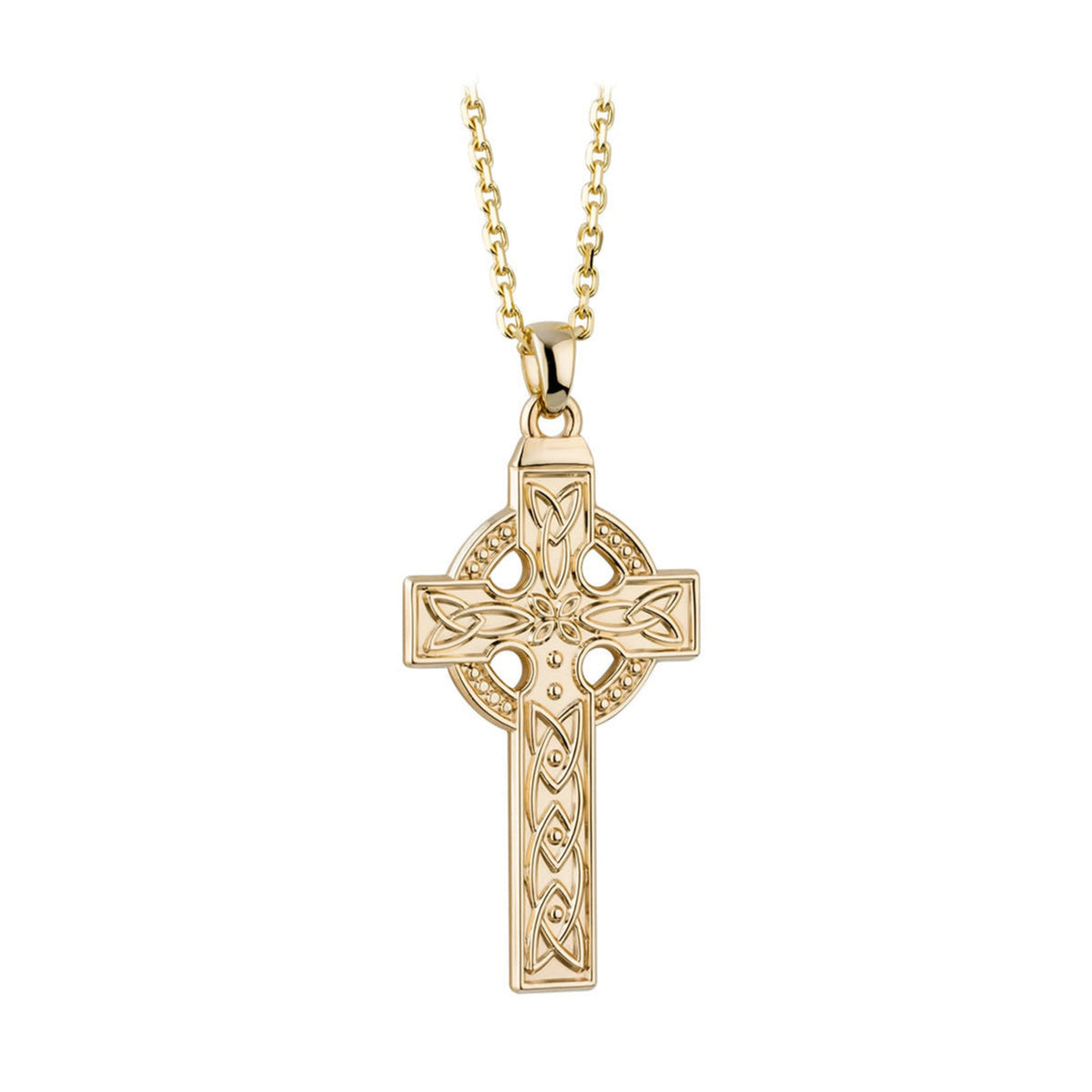 A gold Celtic cross pendant necklace with an intricate engraved pattern and a matching gold chain, shown against a plain white background.