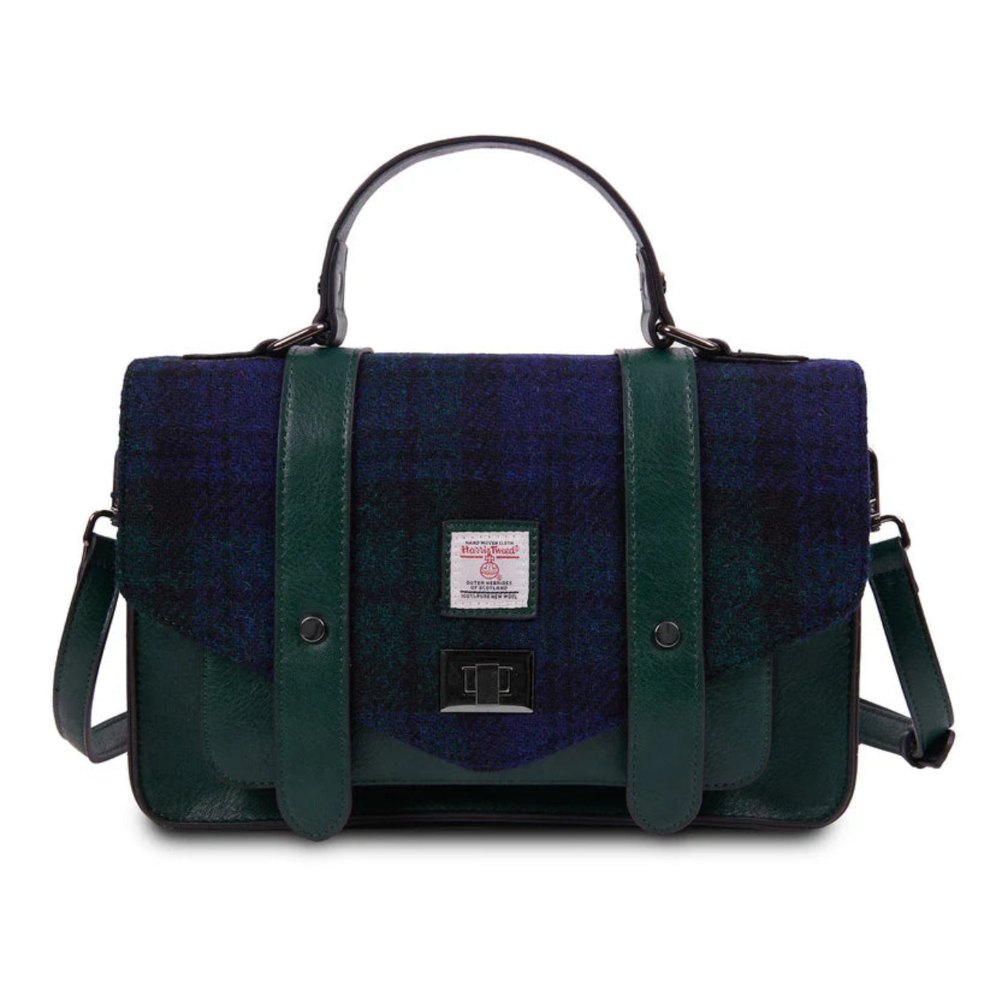 Blue and green checkered bag with leather straps on a white background