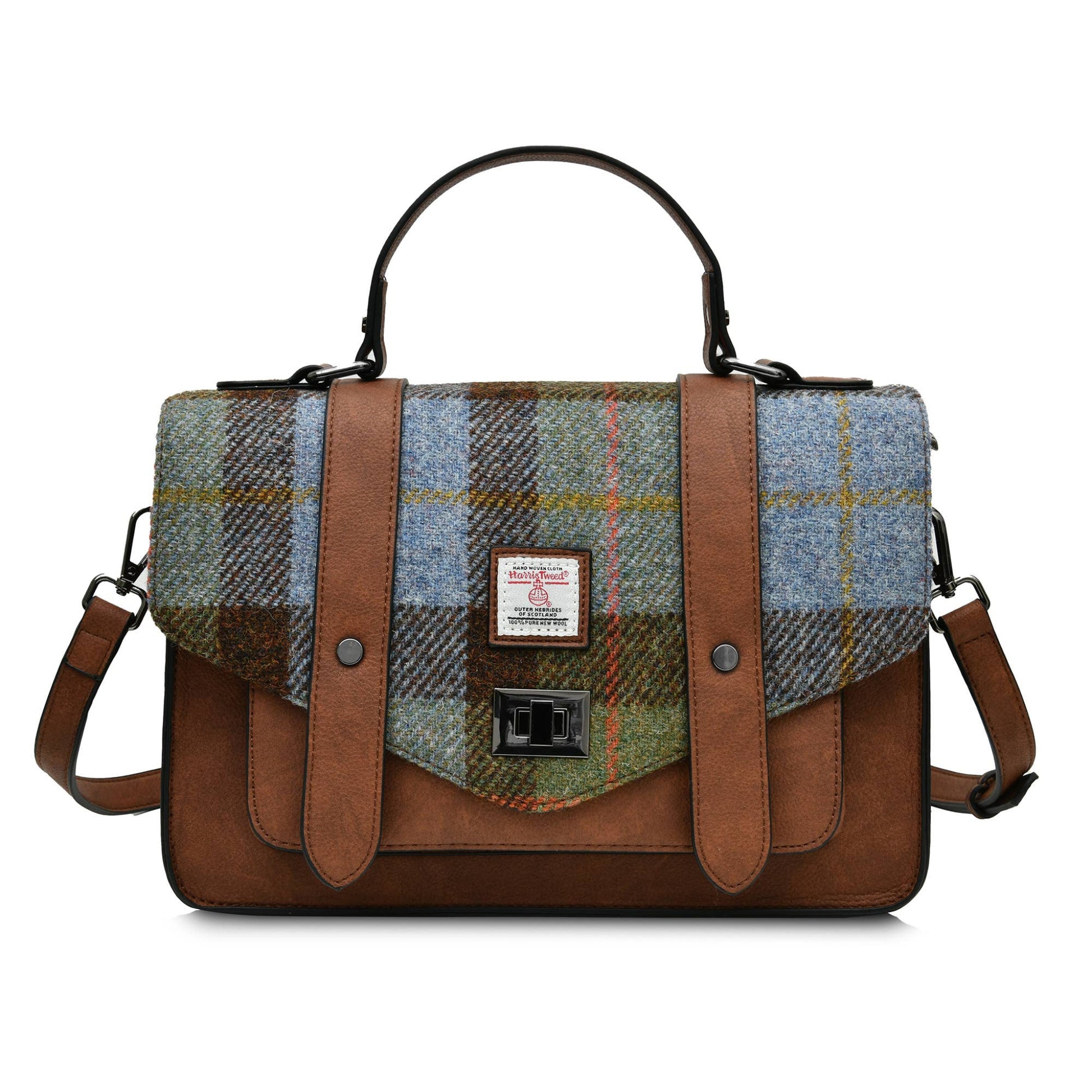 A brown satchel handbag with a plaid pattern on the front and a leather strap, featuring a structured silhouette.