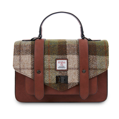 A brown satchel handbag with a plaid pattern on the front and a leather strap, featuring a structured silhouette.