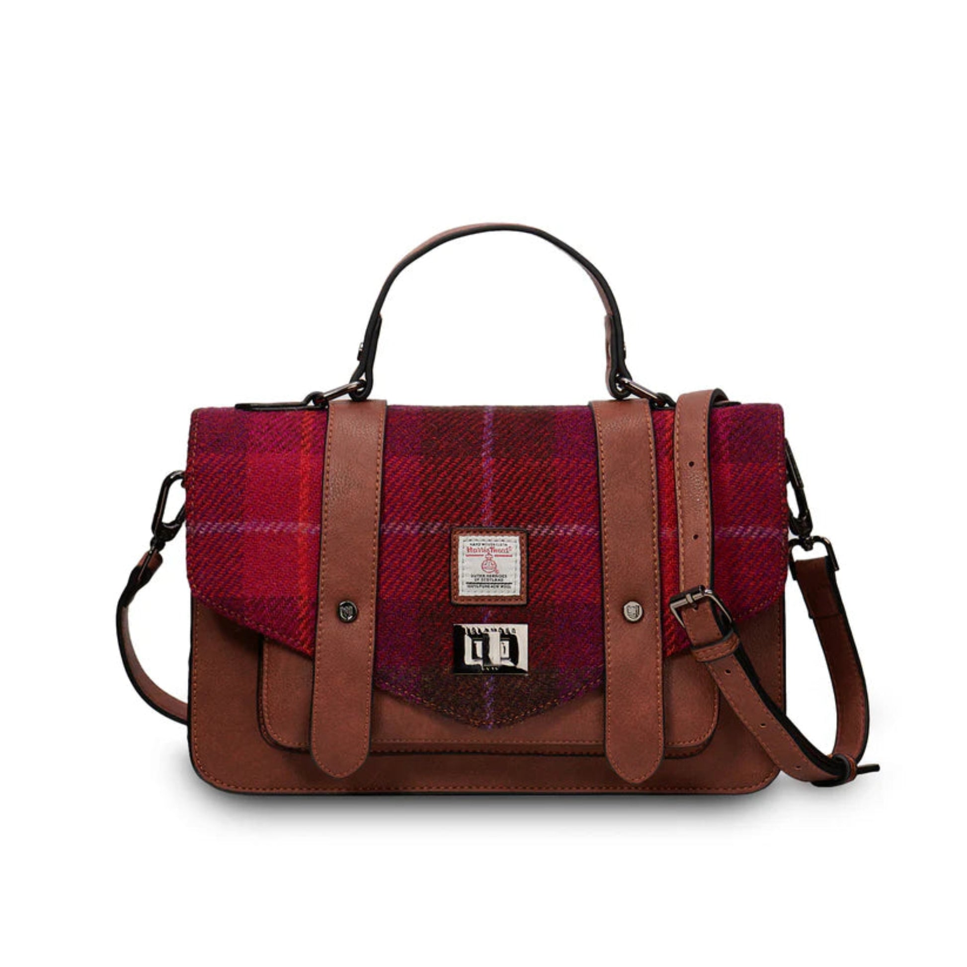 Red plaid bag with brown leather accents on a white background