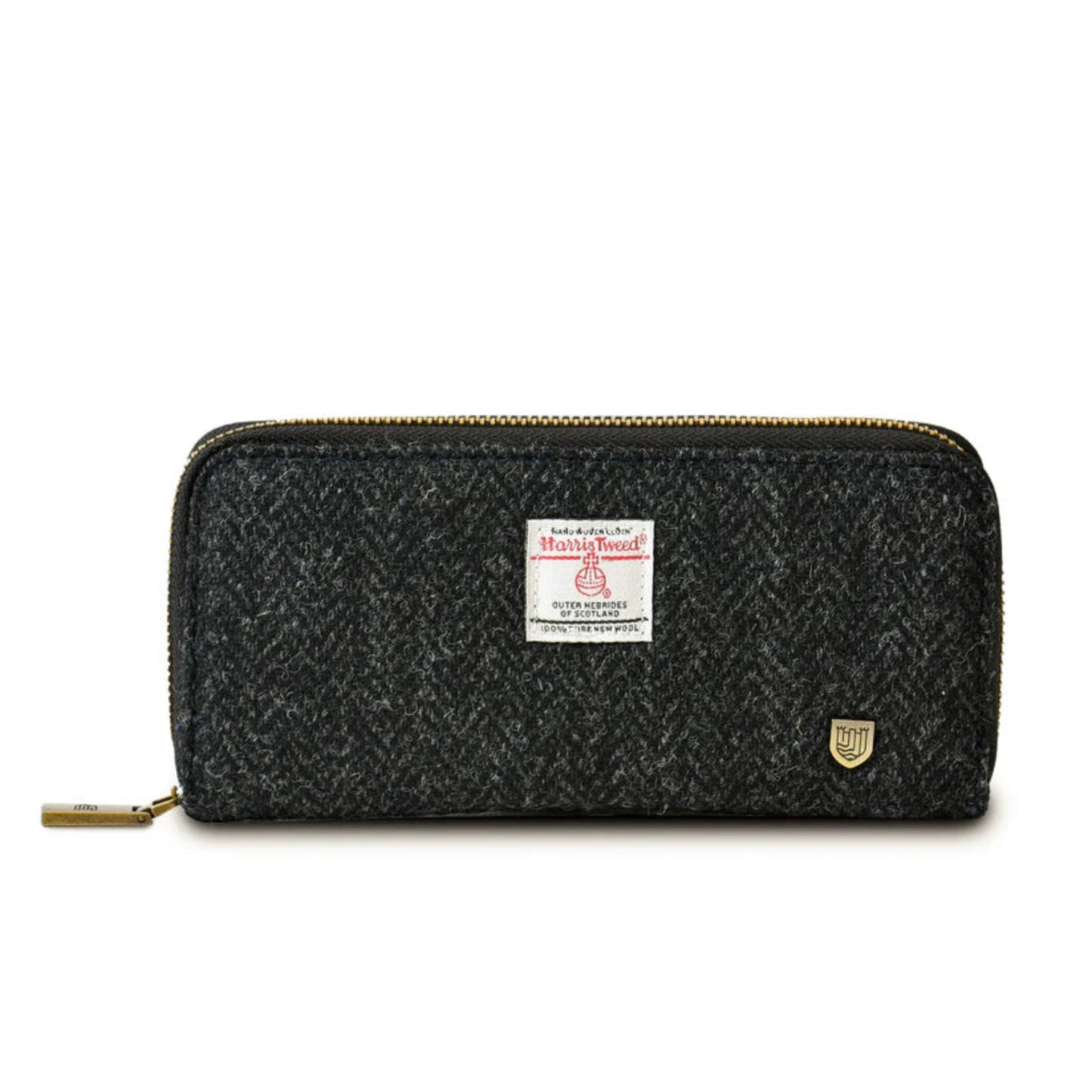 Black herringbone patterned wallet with a visible brand label on a white background