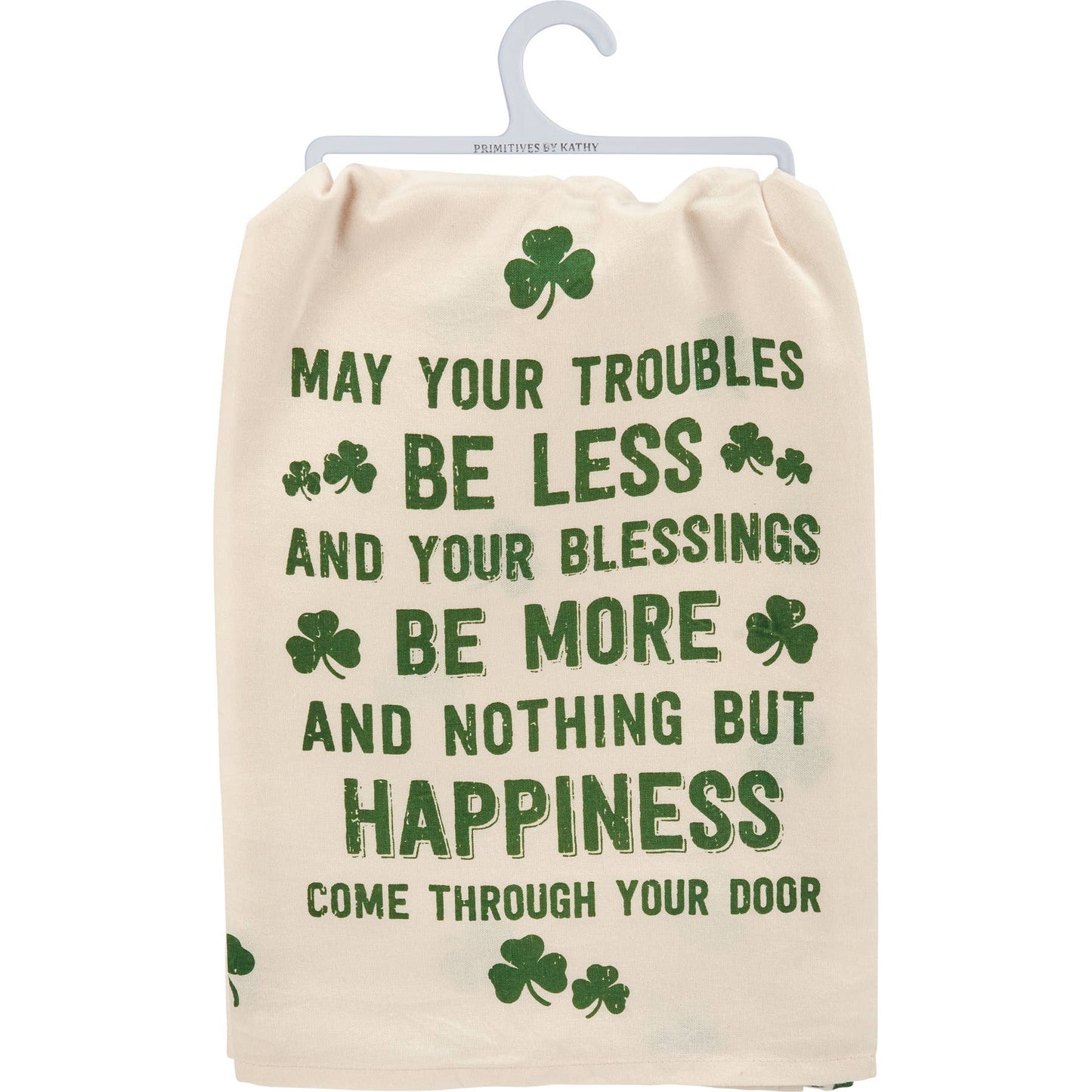 Beige drawstring bag with green text and shamrock symbols on a white background