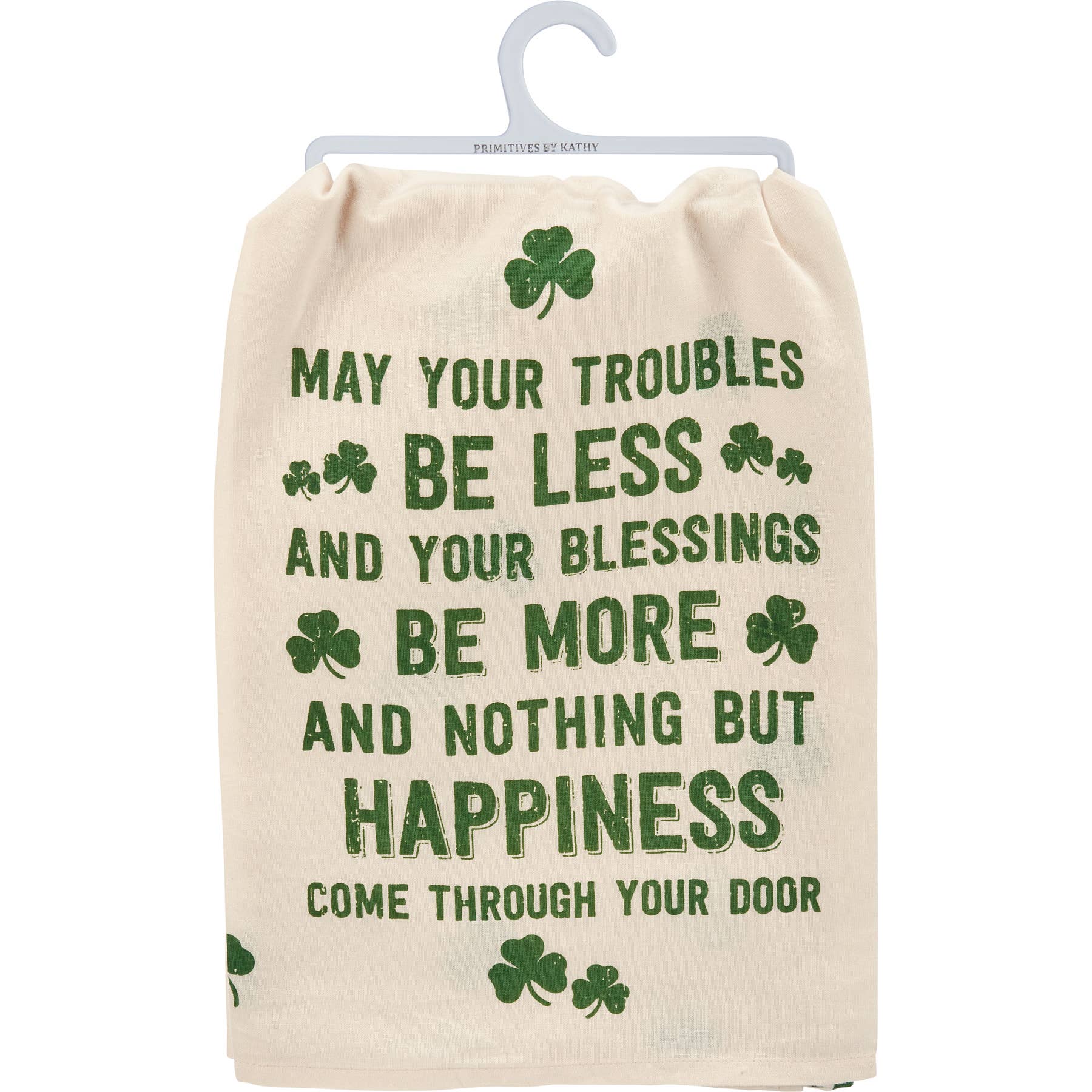 Beige drawstring bag with green text and shamrock symbols on a white background