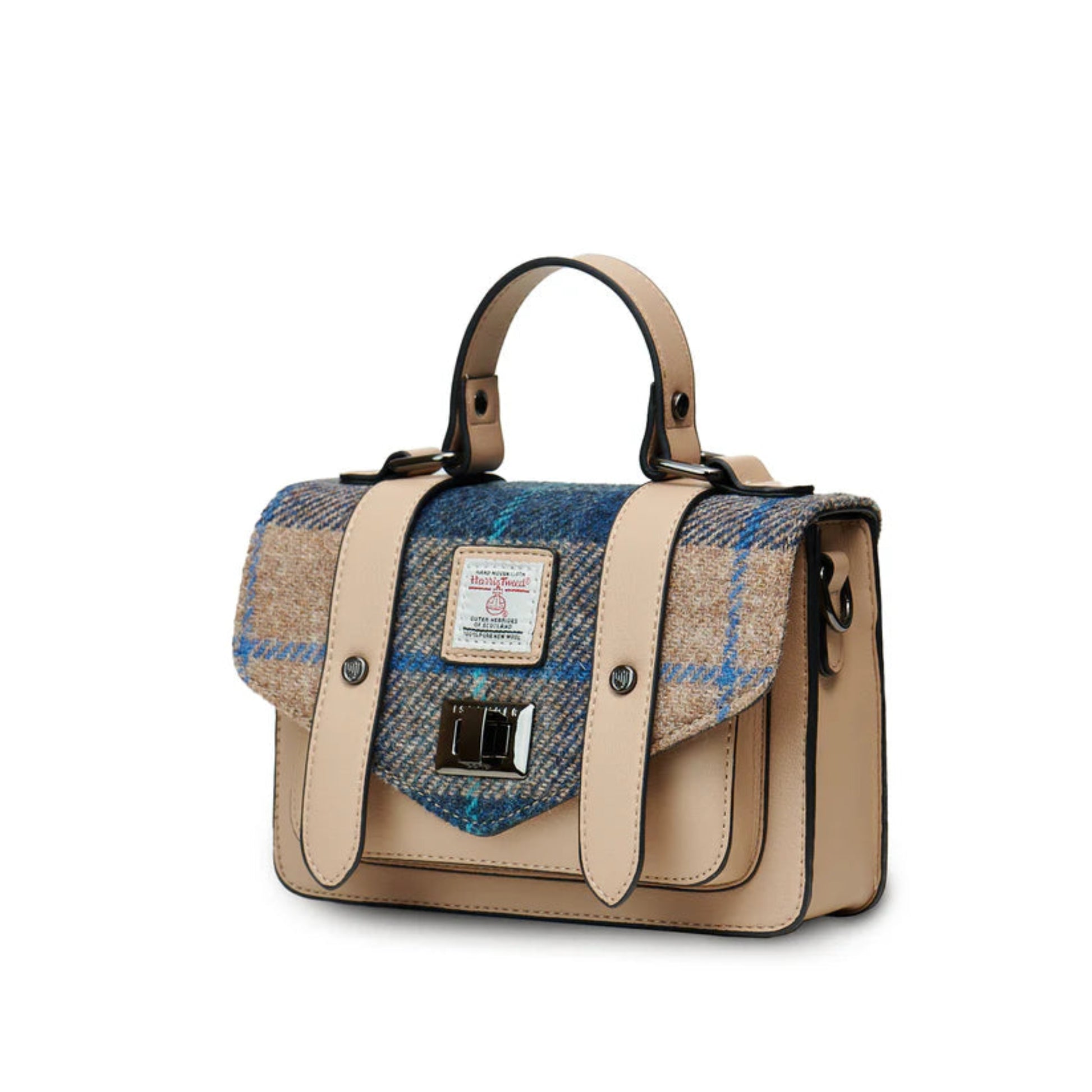 Handbag with blue and beige plaid pattern on a white background