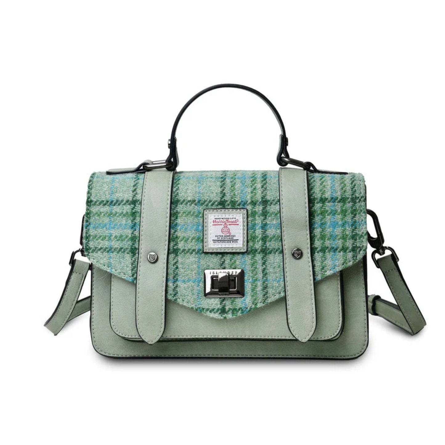 Green plaid handbag with a white background
