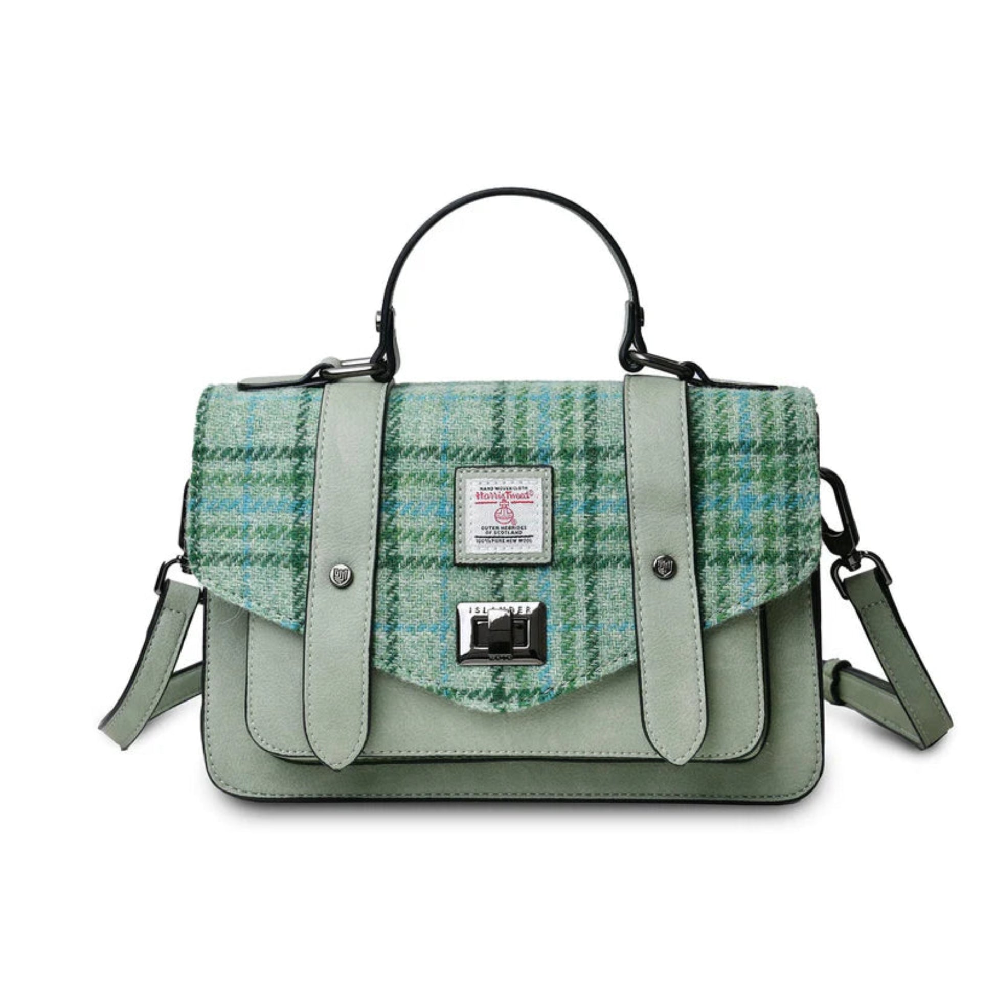 Green plaid handbag with a white background