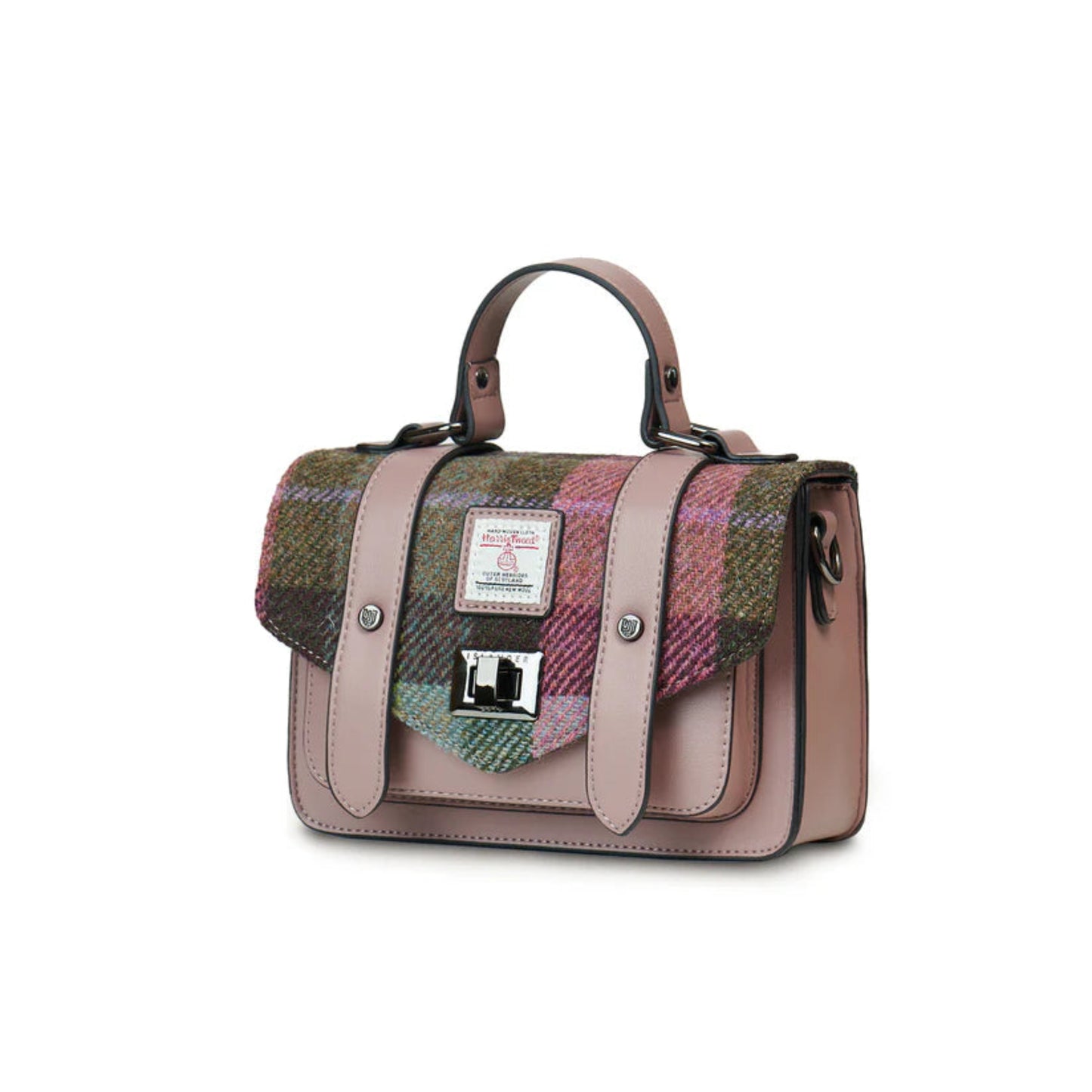Handbag with plaid pattern and pink accents on a white background