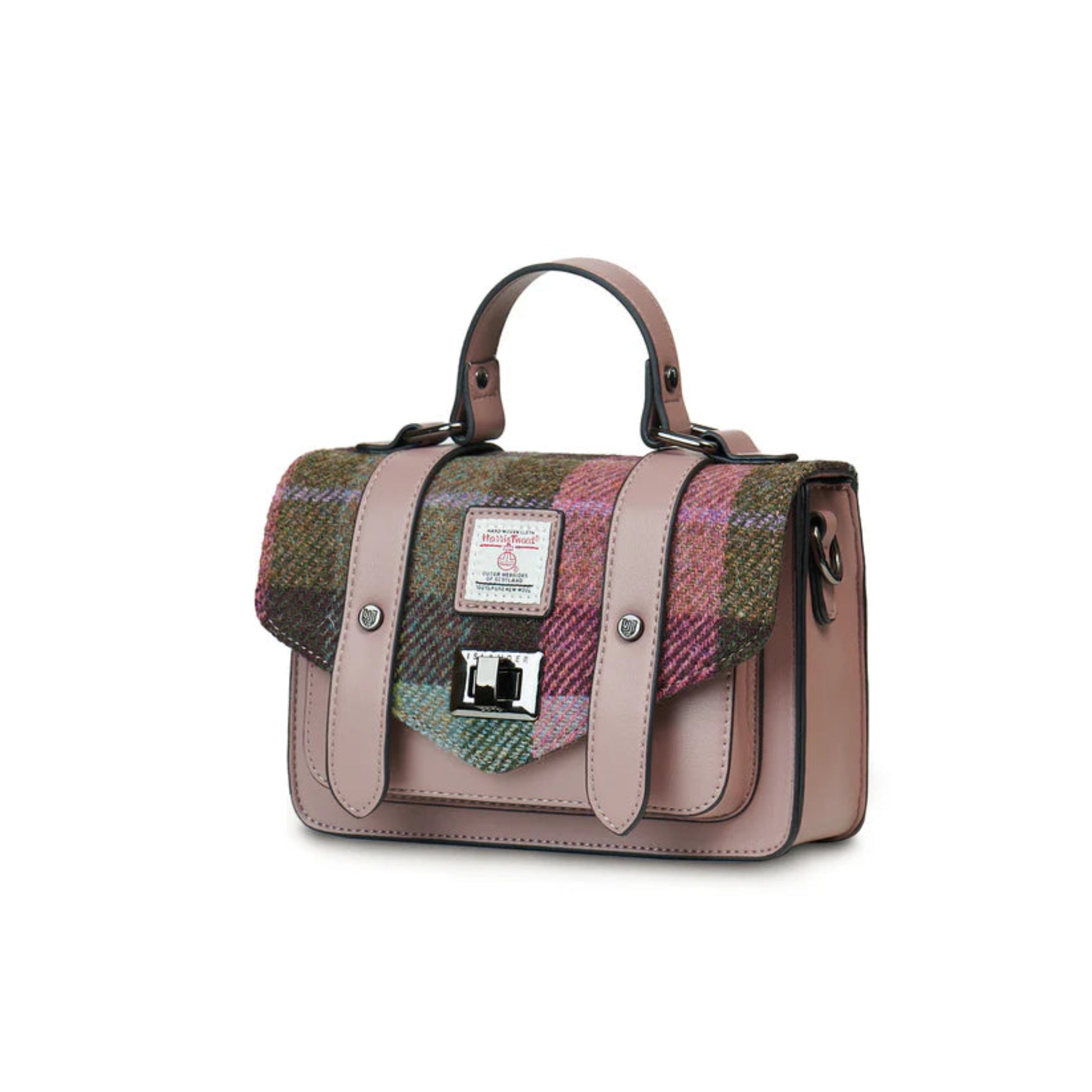 Handbag with plaid pattern and pink accents on a white background
