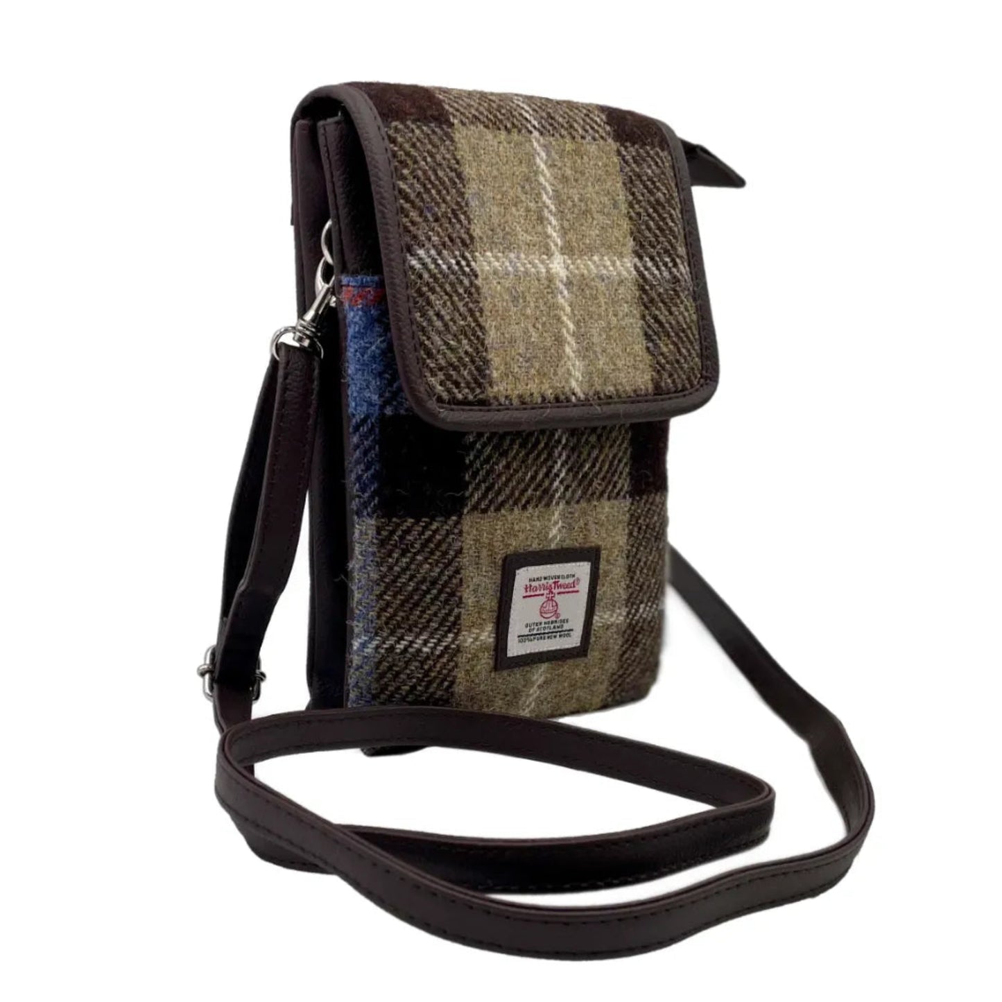 Plaid patterned crossbody bag on a white background