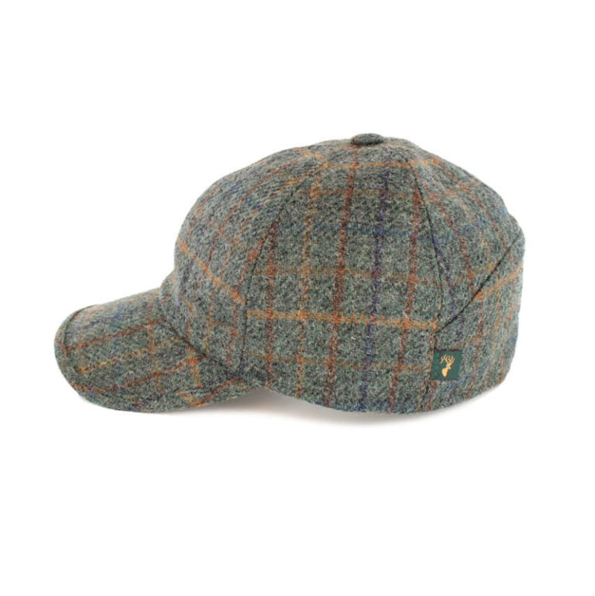 A tweed baseball cap with a multicolored design .