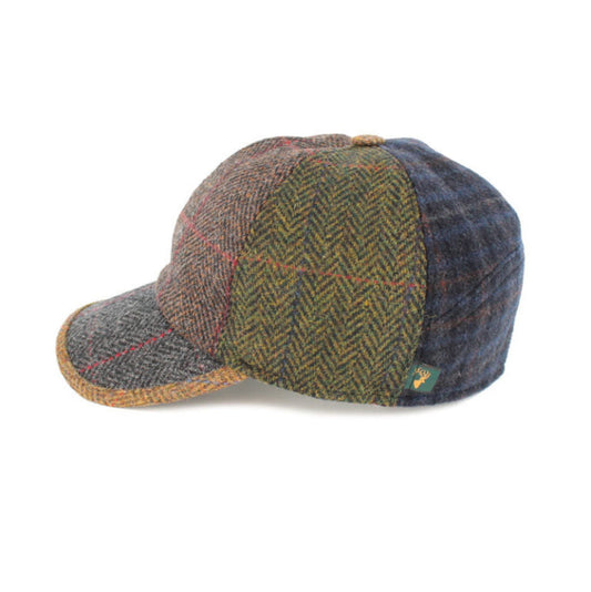 A  tweed baseball cap with a multicolored design
