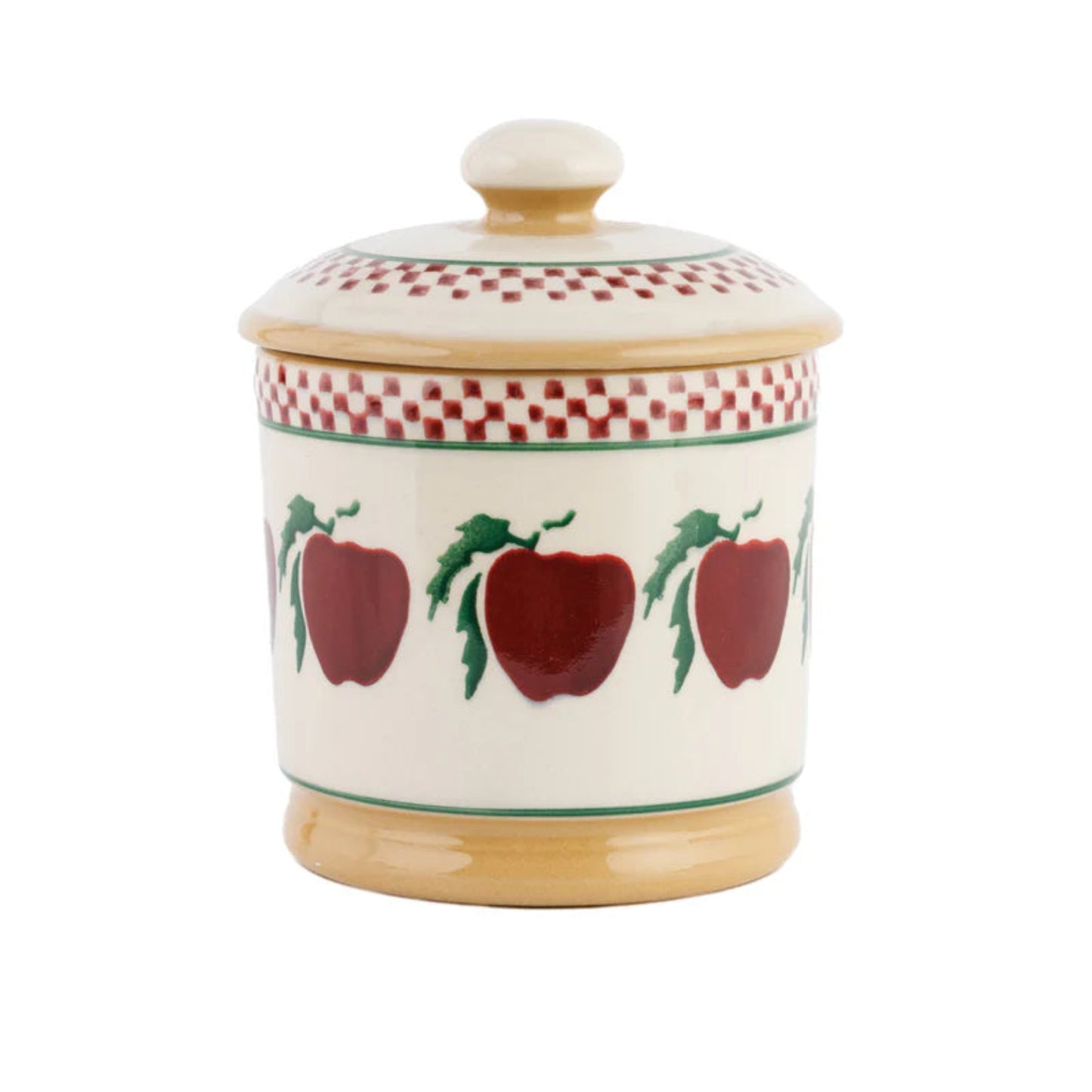 Decorative ceramic jar with red apple design on a white background