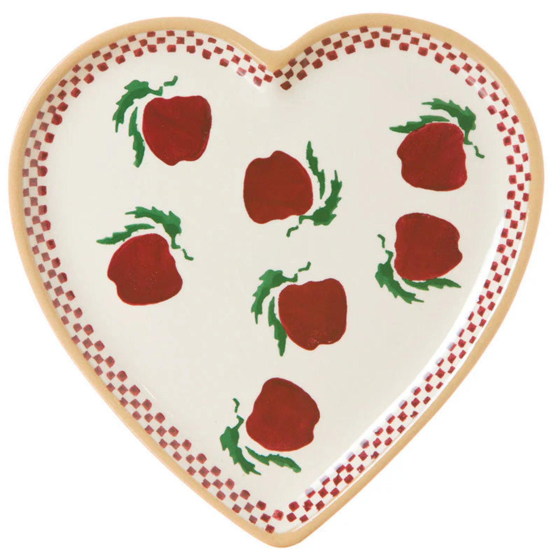 Heart-shaped plate with red apple designs on a white background. Red checkered border.