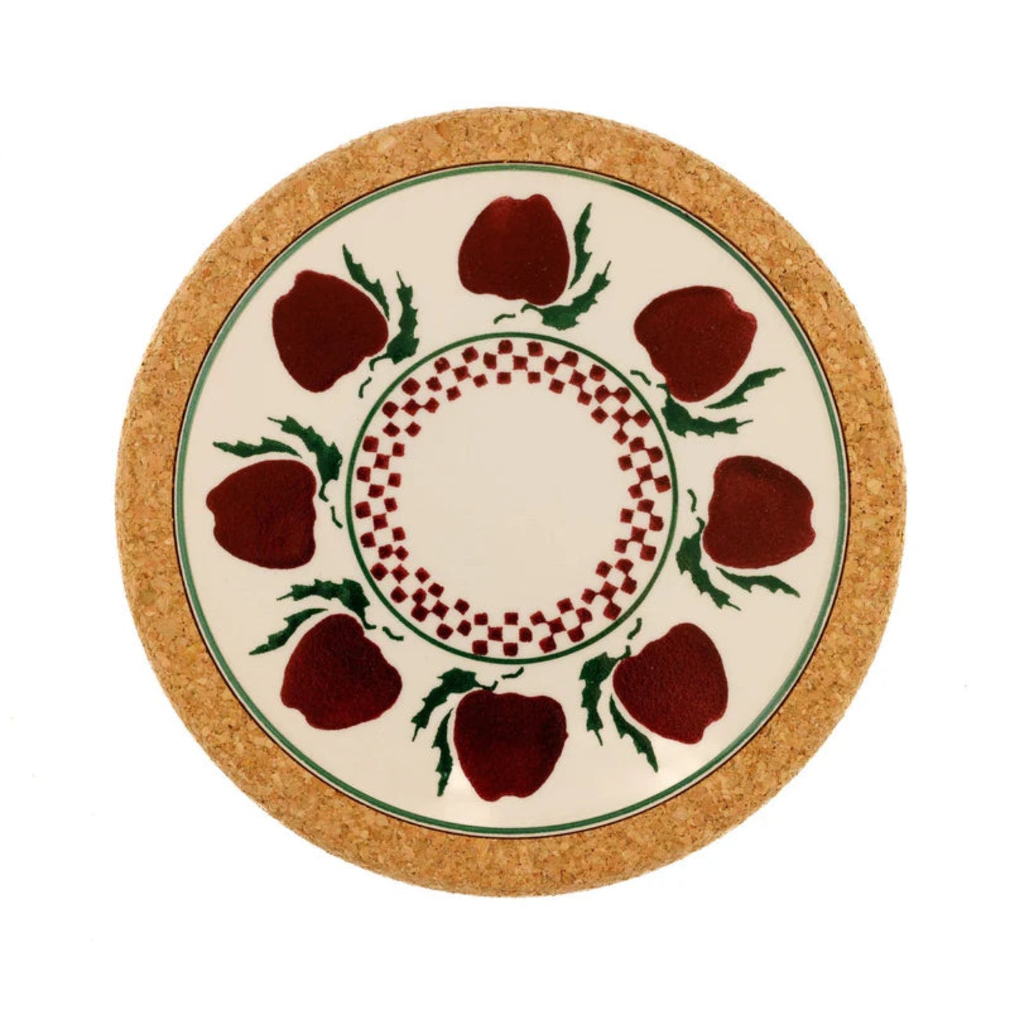 Round cork trivet with a decorative design of red apples and green leaves on a white background