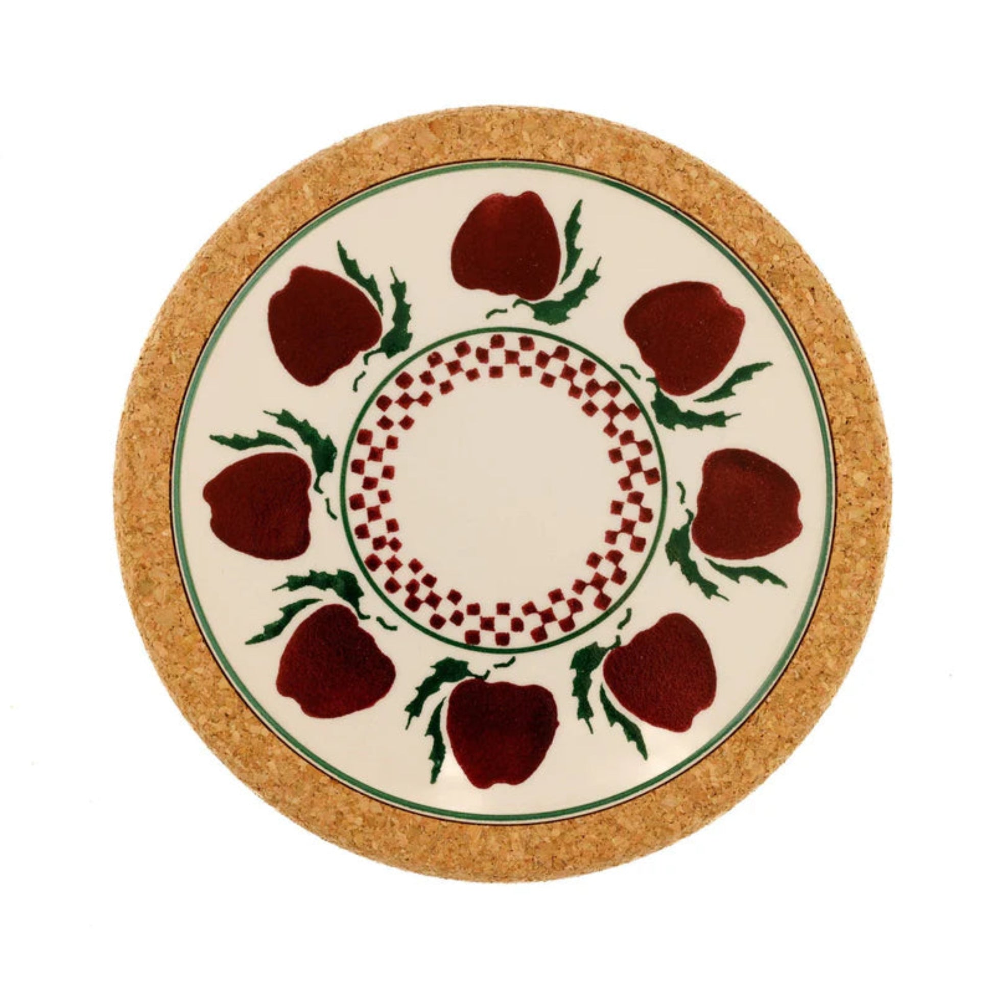 Round cork trivet with a decorative design of red apples and green leaves on a white background