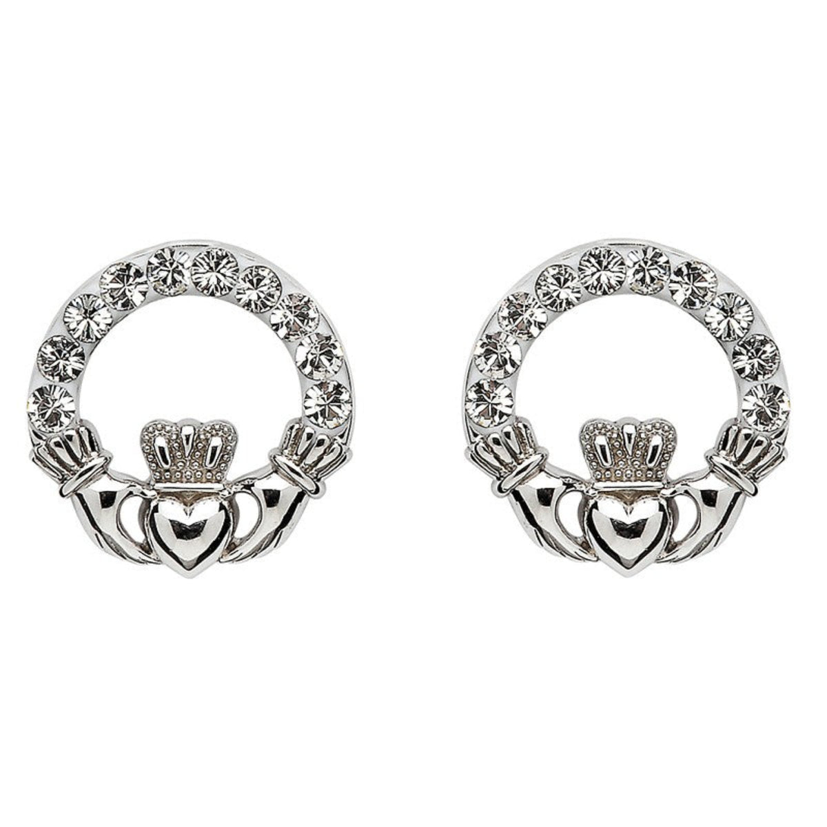 A pair of Claddagh post earrings with crystals, crafted in sterling silver.