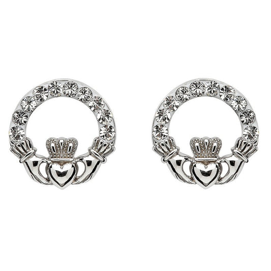 A pair of Claddagh post earrings with crystals, crafted in sterling silver.