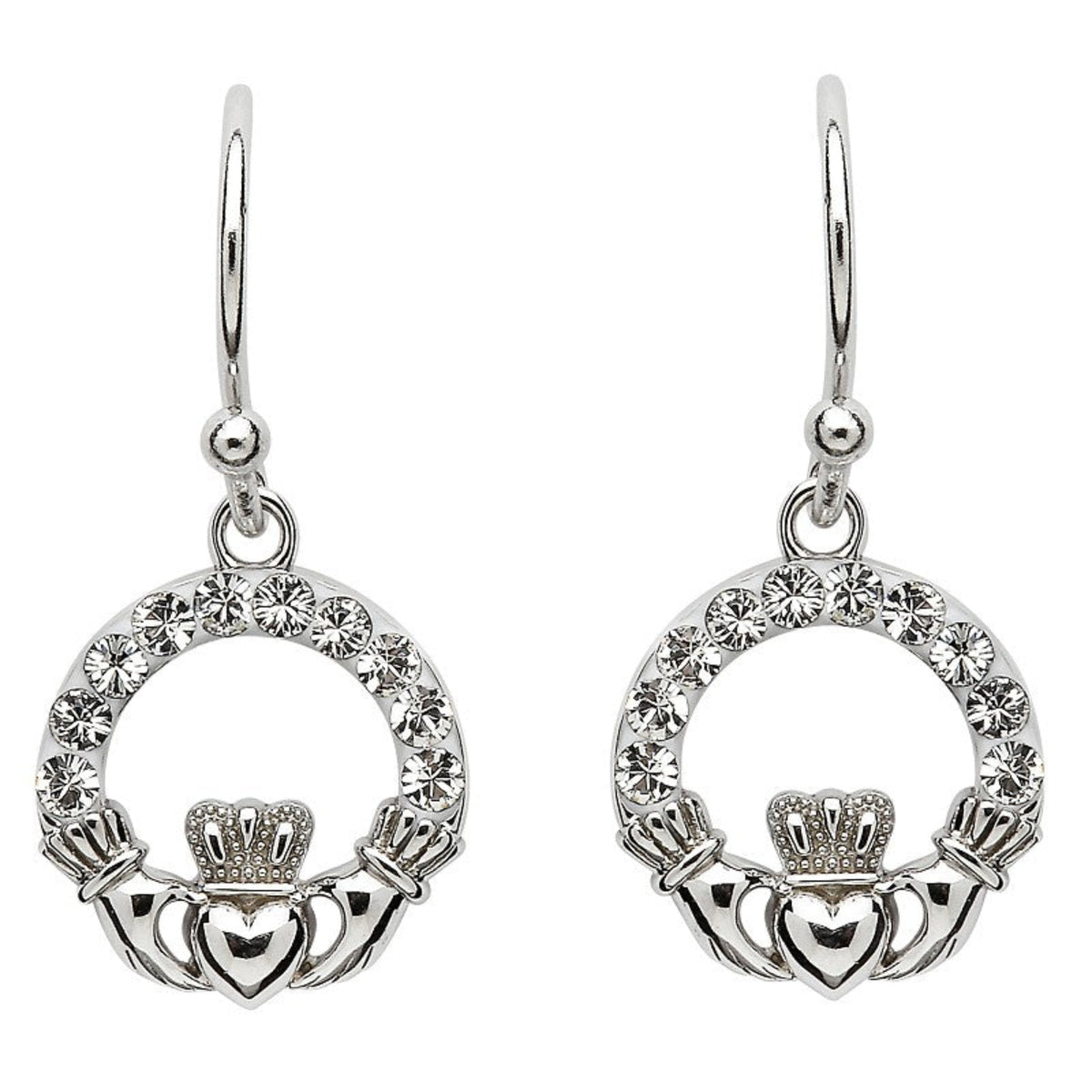 A pair of sterling silver claddagh earrings embellished with crystals, featuring a crown design in the center.