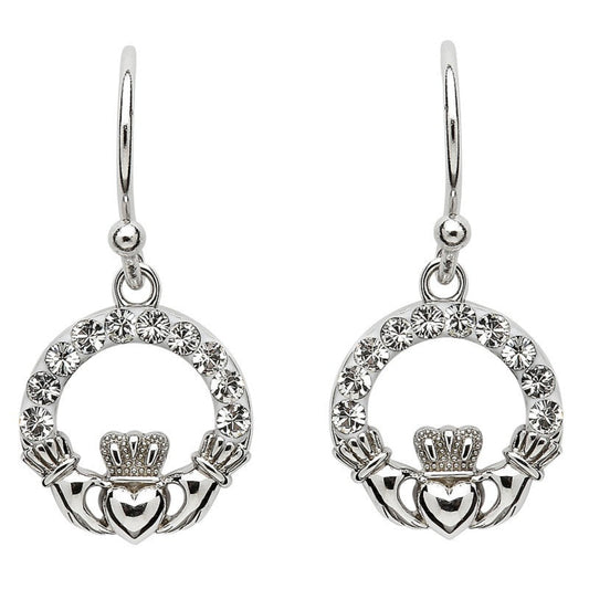 A pair of sterling silver claddagh earrings embellished with crystals, featuring a crown design in the center.