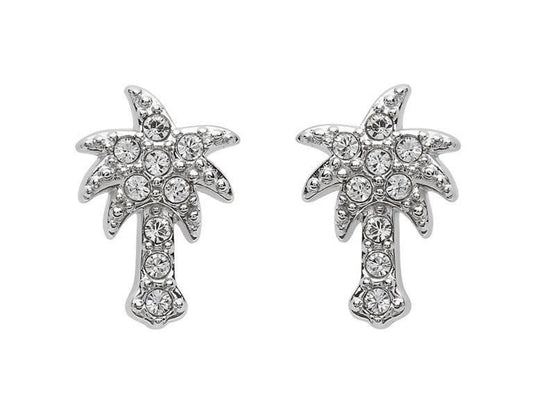 Silver palm tree earrings with clear gemstones on a white background
