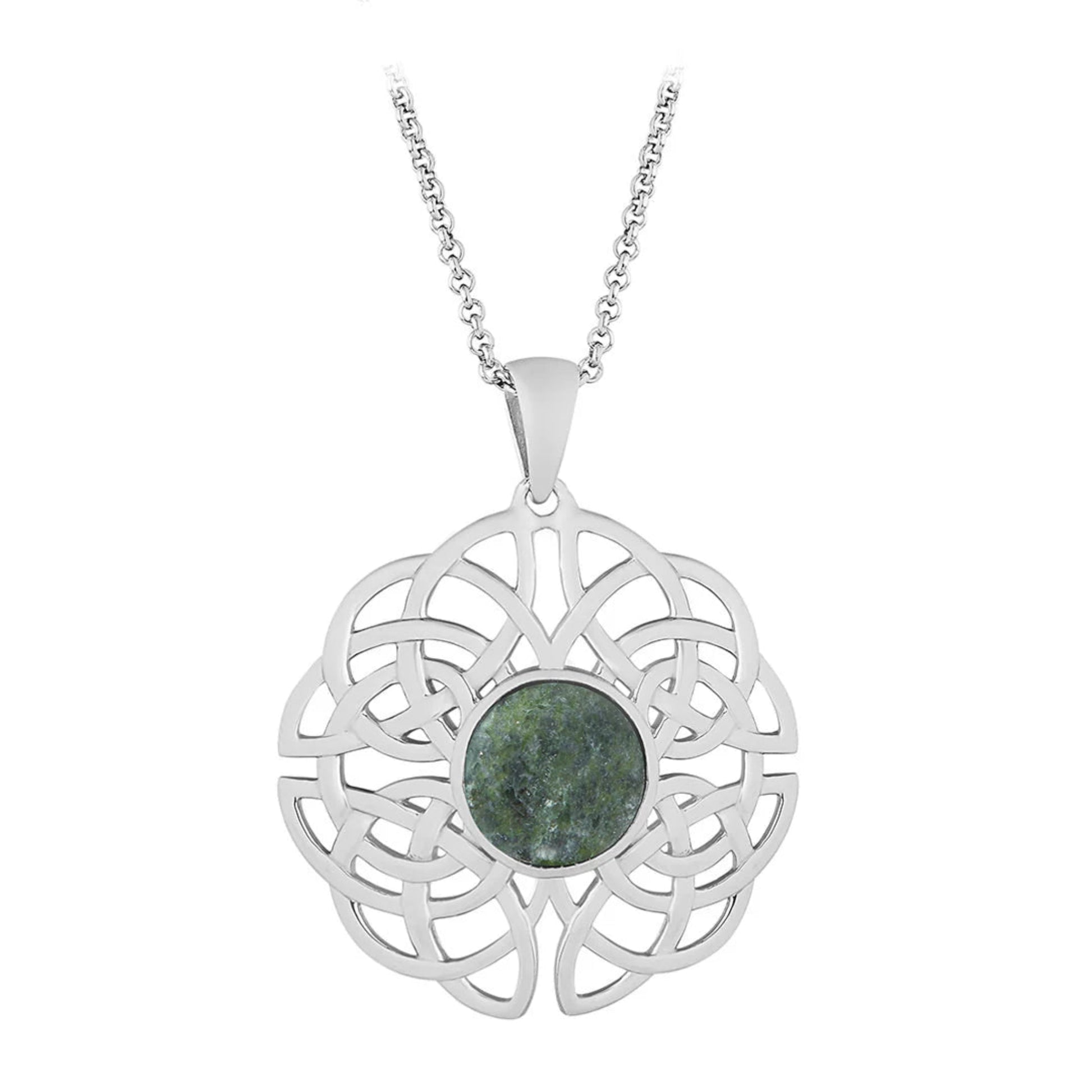 Silver pendant with a green stone on a white background