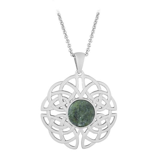 Silver pendant with a green stone on a white background