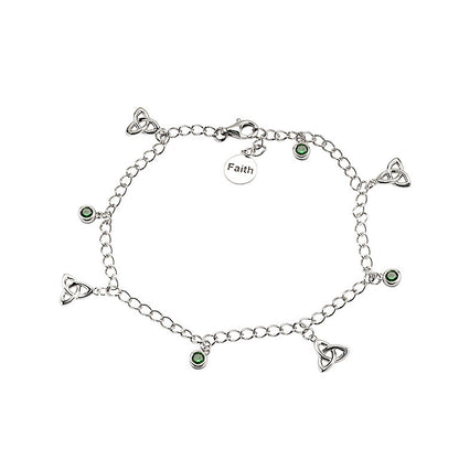 Sterling Silver Celtic Trinity Knot Bracelet with Emerald Green Cubic Zirconia Charms