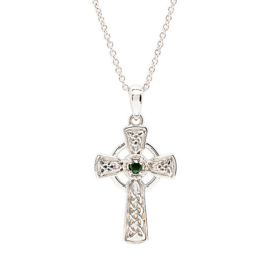 Sterling Silver Green Cubic Zirconia Celtic Cross Pendant -SF36
