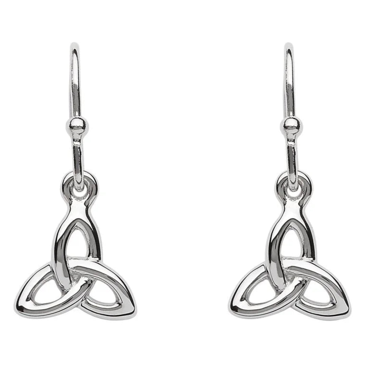 Silver Trinity knot earrings on a white background