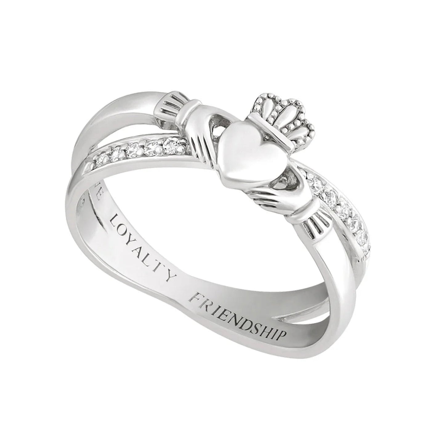Silver Claddagh ring with heart and crown design on a white background